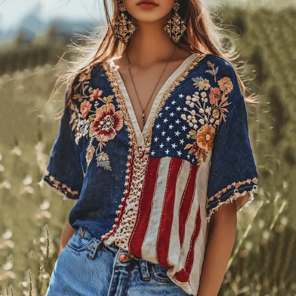 Women's Vintage Flag Flower Embroidered Art Linen T-shirt