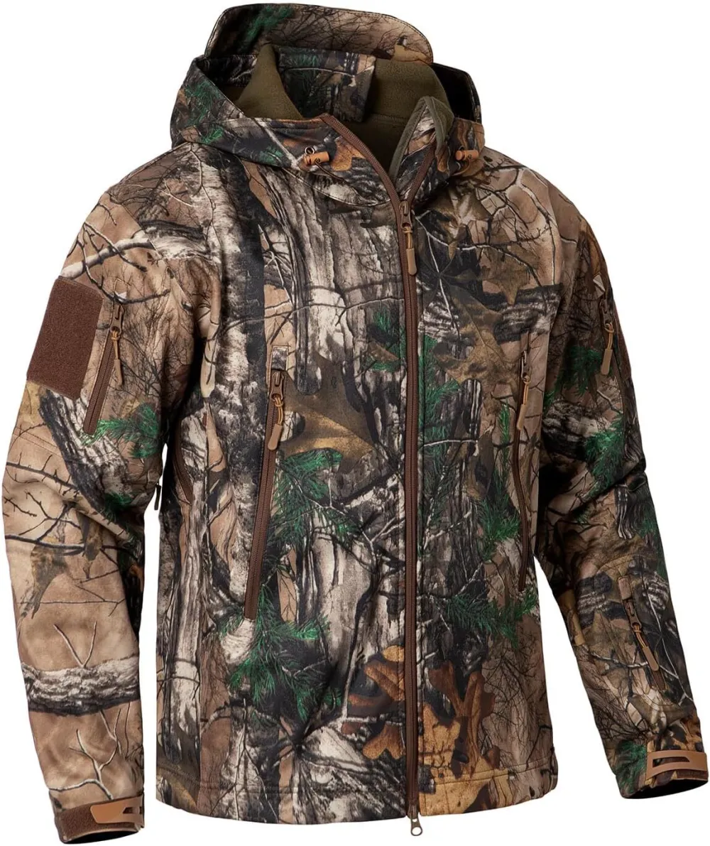 Men's Camo Quiet Hunting Jacket Waterproof Softshell Fleece Lined Camouflage Outdoor Hiking Fishing Coat