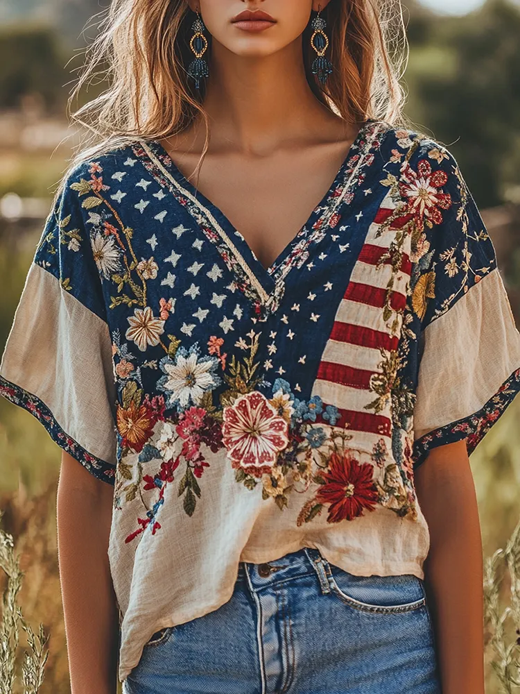 Women's Vintage Independence Day Flag Floral Embroidery V-neck T-shirt