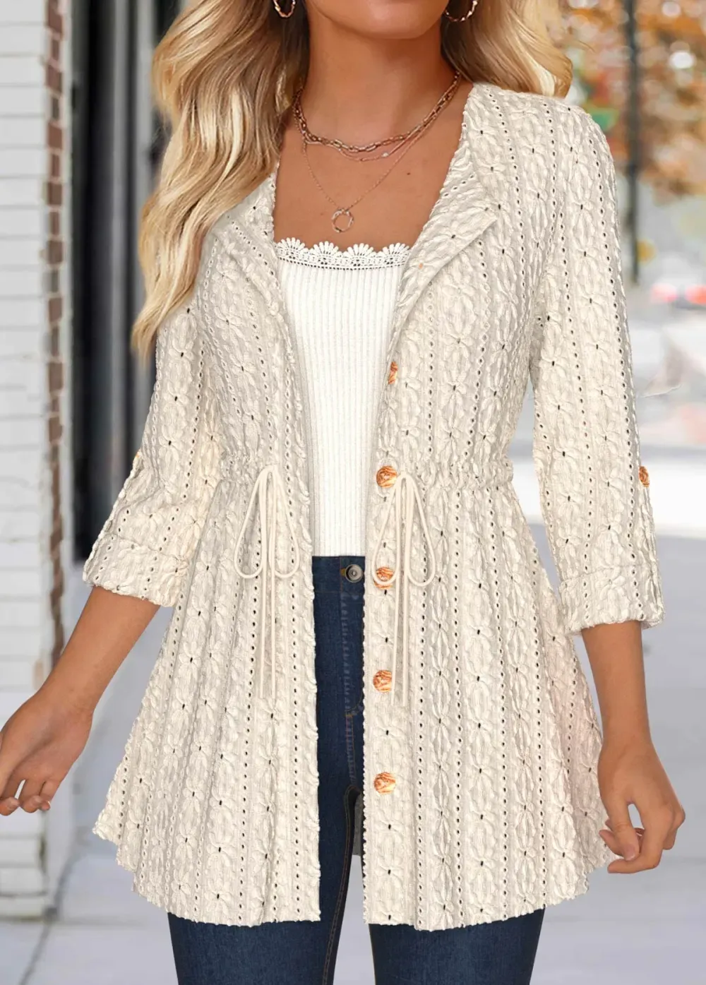 Beige Lace 3/4 Sleeve Round Neck Coat
