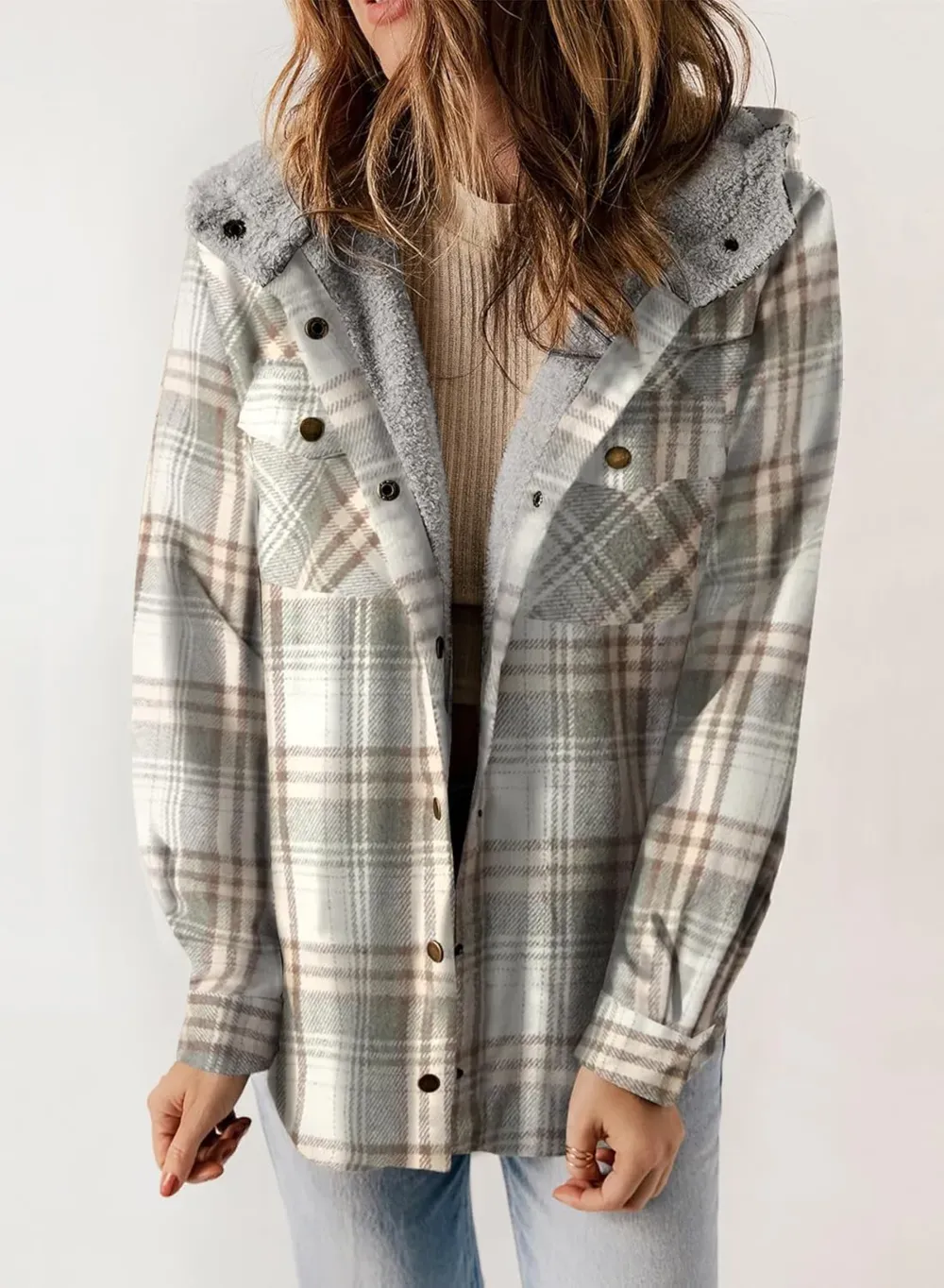 Womens Plaid Shacket Jacket Long Sleeve Button Down Fleece Hooded Jackets Warm Coat