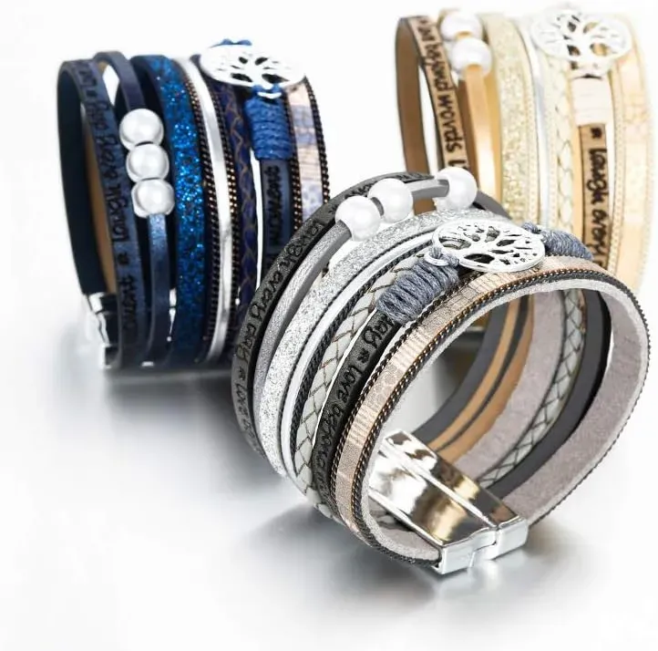 Fesciory Leather Wrap Bracelets for Women, Boho Leopard Multi-Layer Crystal Beads Cuff Bracelet Jewelry