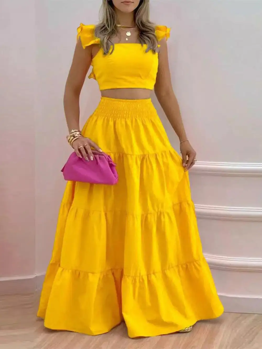 Crop Top Tiered Maxi Skirt Set