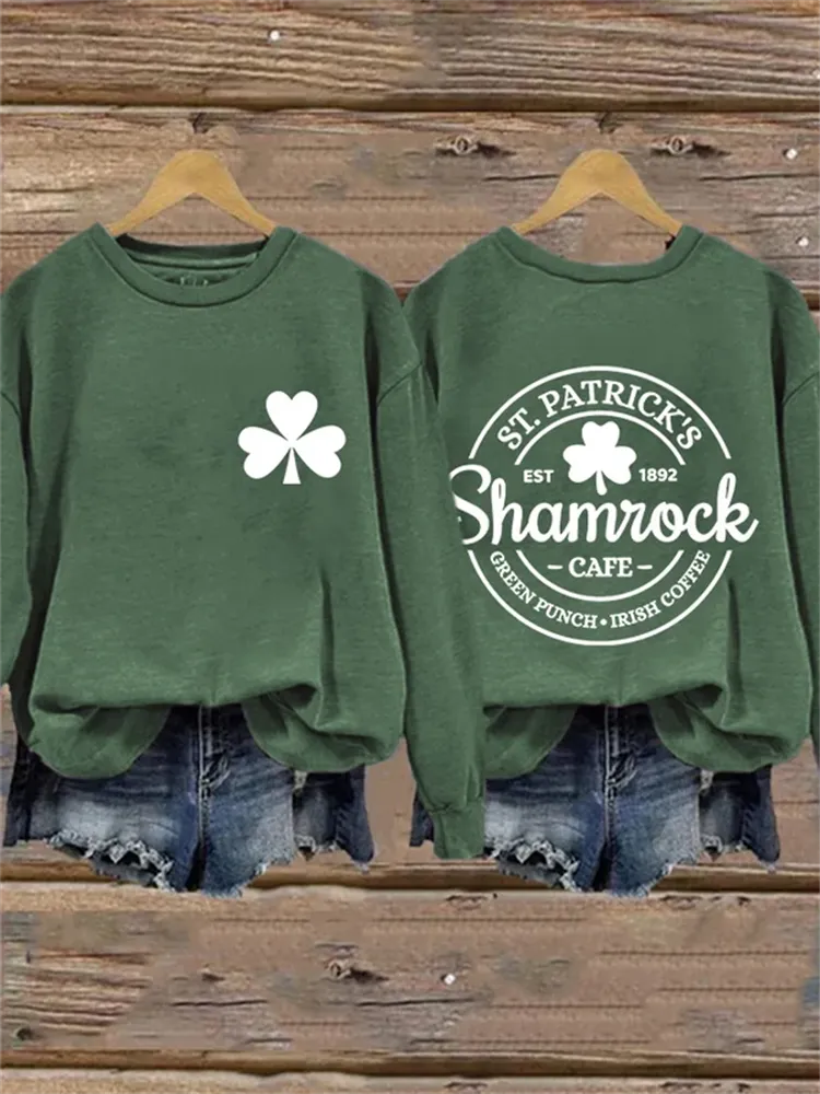 Women's St Patrick'S Day Clover Print Long Sleeve Sweatshirt
