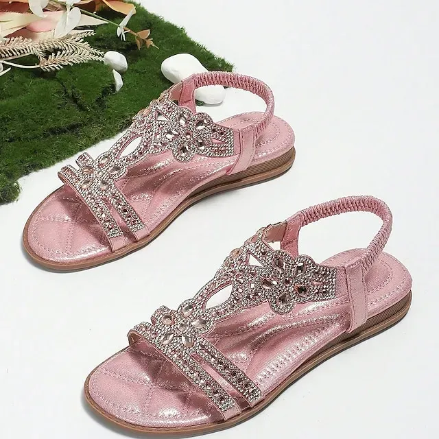 Women's Sandals Flat Sandals Outdoor Beach Summer Rhinestone Flat Heel Elegant Casual Minimalism Microfiber Elastic Band Silver Black White