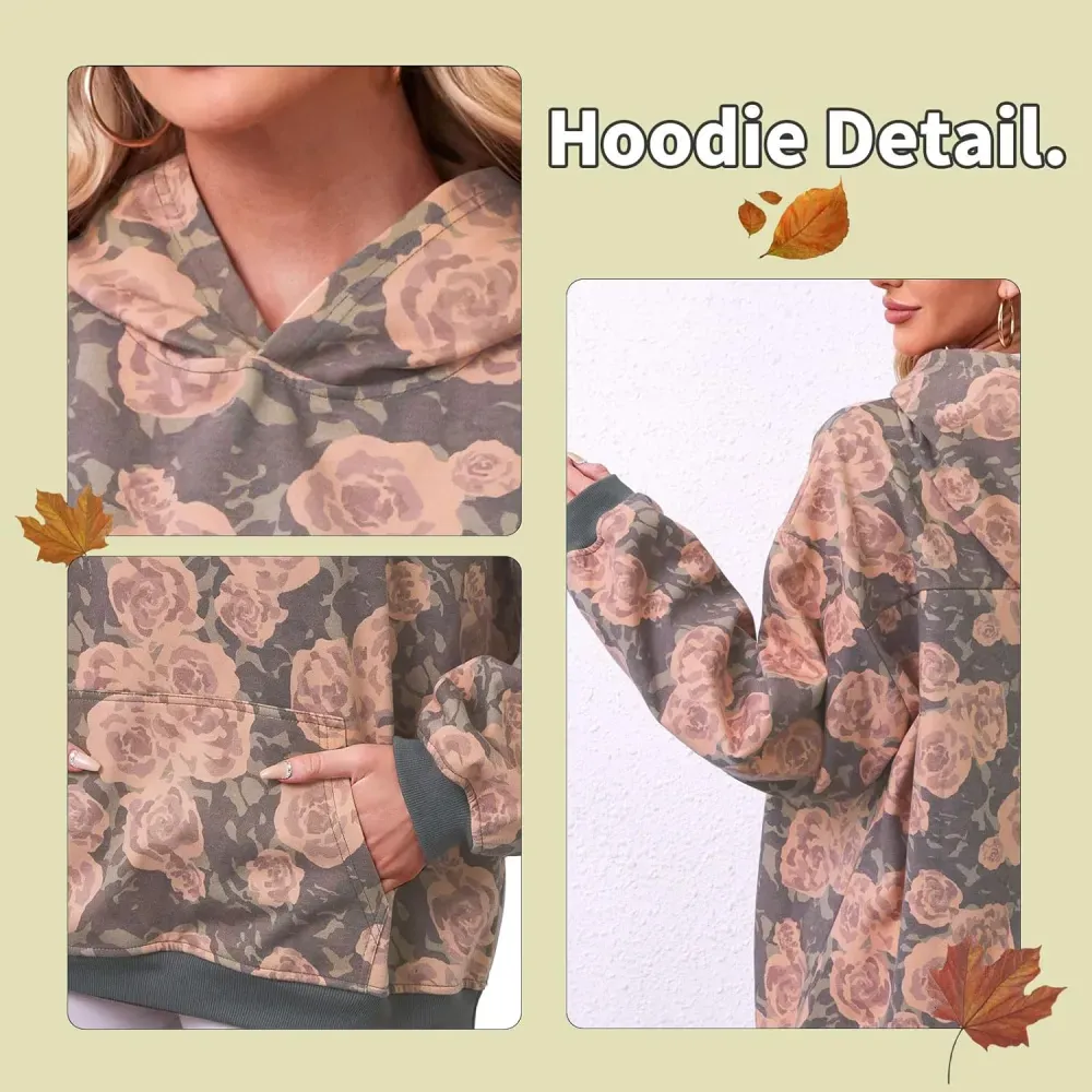 Womens Camo Hoodies Maple Leaf Print Oversized Hooded Sweatshirt Fleece Pullover Sweatshirts Long Sleeve with Pocket