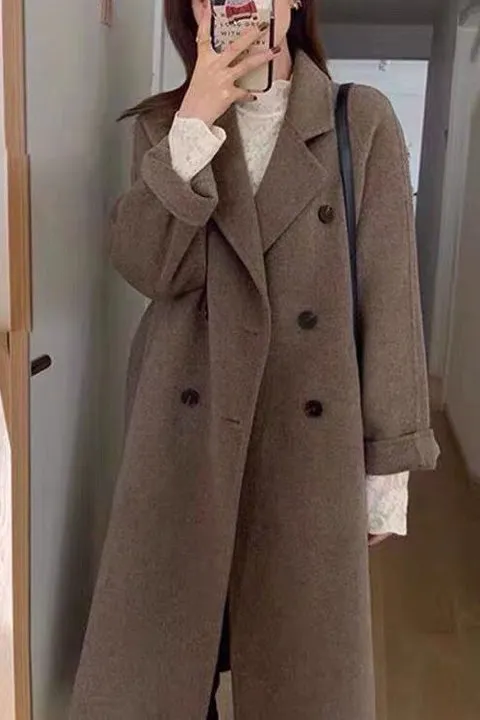 Solid Double Front Tie Breasted Lapel Coat