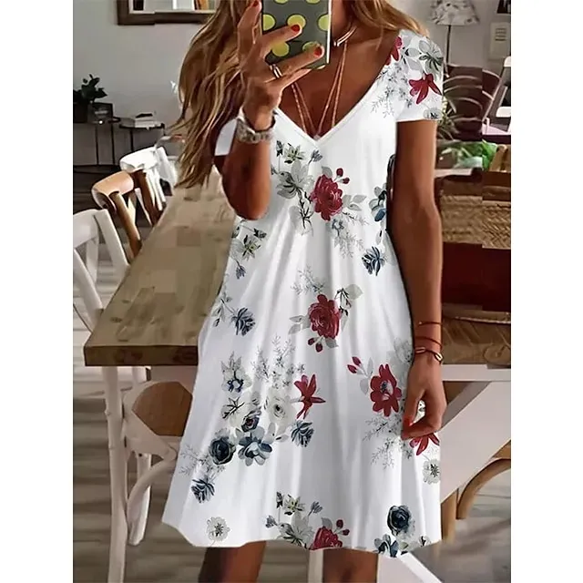 Women's Casual Dress Summer Dress Print Dress Floral Print V Neck Mini Dress Active Fashion Outdoor Daily Short Sleeve Regular Fit Black And White Olive Green Colourful Summer Spring S M L XL XXL