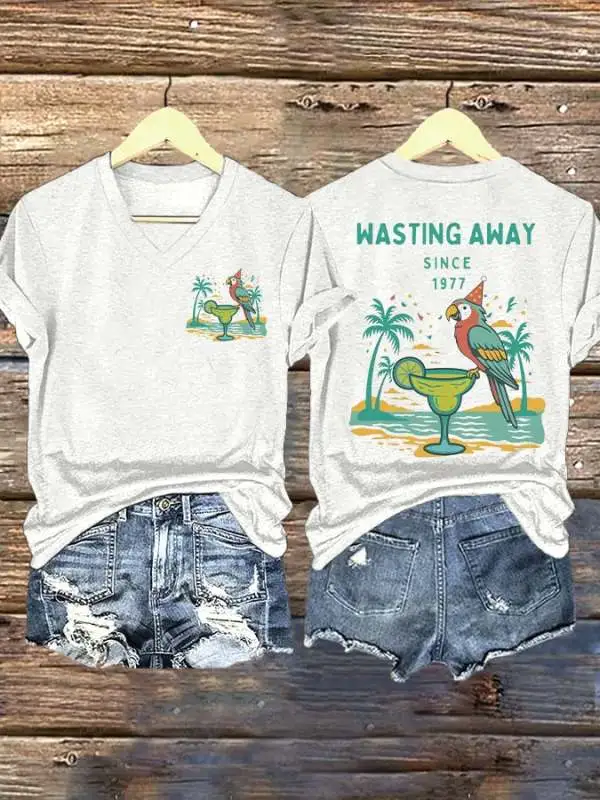 V Neck Retro Parrot Margarita Wasting Away Since 1977 Print T-Shirt