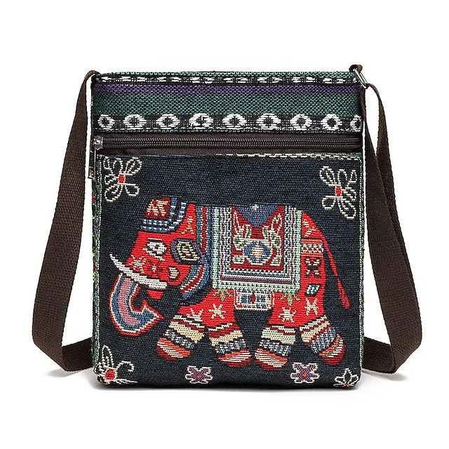 Women's Crossbody Bag Shoulder Bag Hobo Bag Polyester Daily Holiday Zipper Large Capacity Lightweight Durable Geometric Cat Folk [Small Size]Couple Cat [Trumpet] Yellow Elephant [Trumpet] Blue