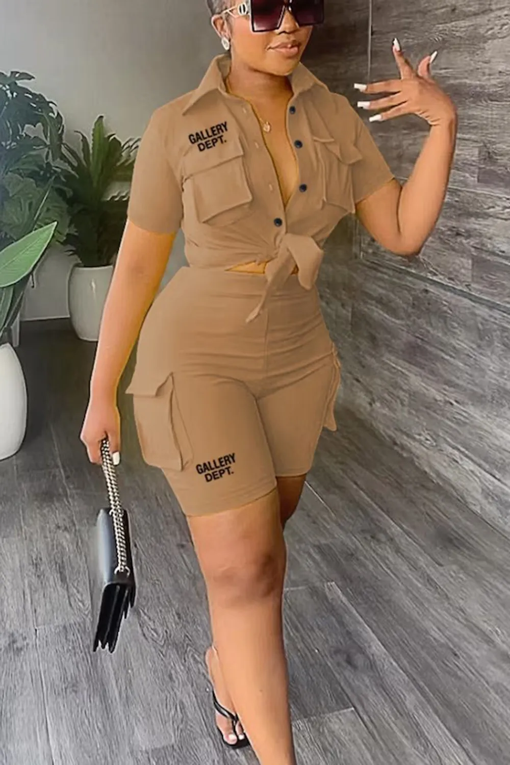 Letter Print Solid Color Blouse With Trendy Cargo Shorts Set