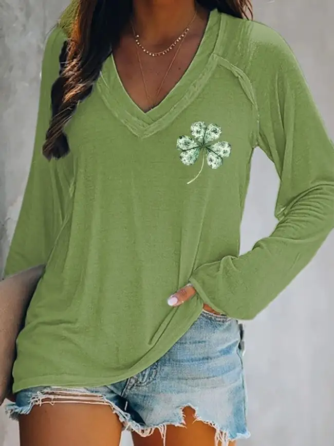 Women's St. Patrick's Day You Had Me At Day Drinking Print V-Neck Long Sleeve T-Shirt