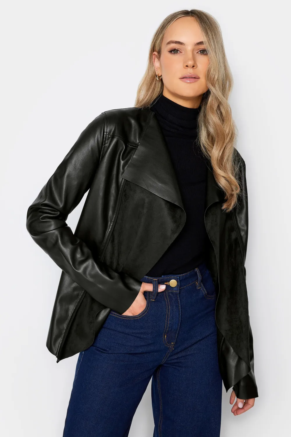 LTS Tall Black Faux Leather Waterfall Jacket