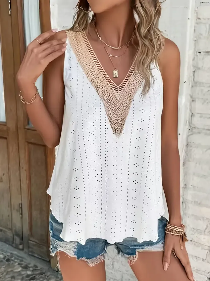 Eyelet Embroidered V Neck Tank Top, Casual Sleeveless Top For Spring & Summer, Women's Clothing
