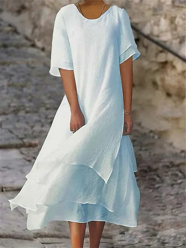 Women's Casual Dress Cotton Linen Dress White Cotton Dress Midi Dress Layered Basic Daily Crew Neck Half Sleeve Summer Spring White Yellow Plain