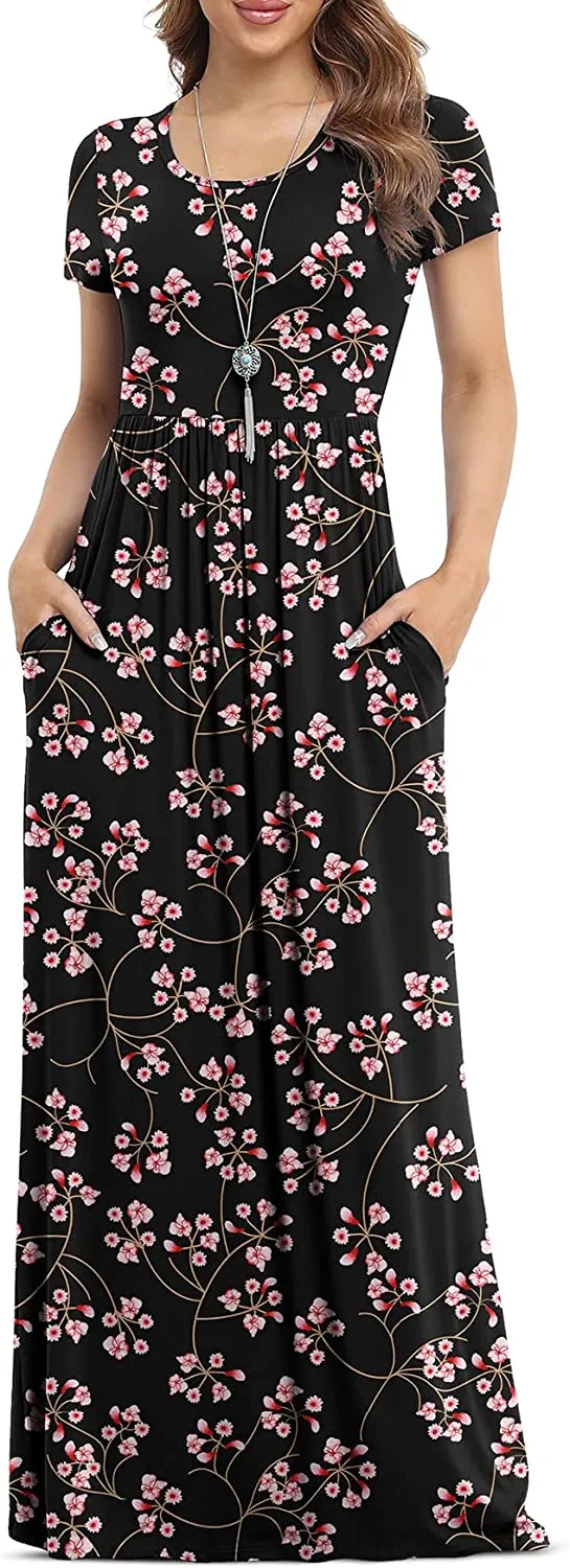 Women's Short Sleeve Loose Plain Maxi Dresses Casual Long Dresses with Pockets