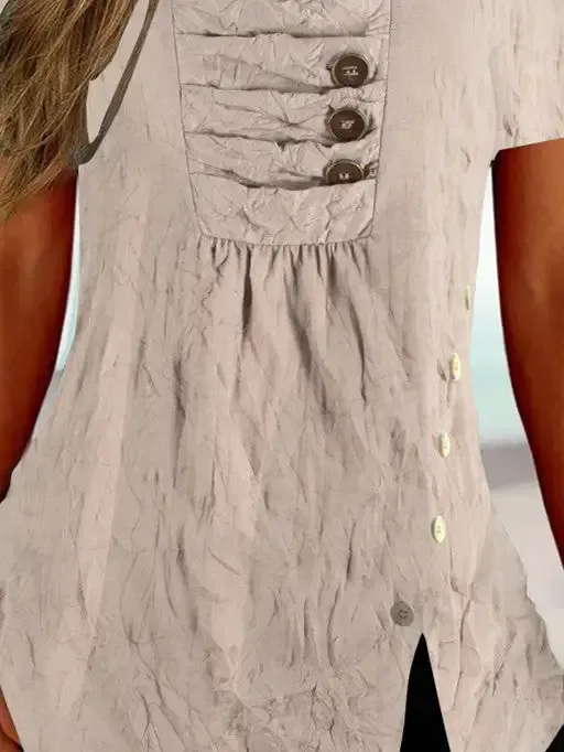 Women Short Sleeve U-neck Solid Color Button Tops