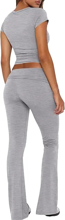 Women's Two-Piece Casual Set: Fitted Short-Sleeve Top with Bell-Bottom Pants