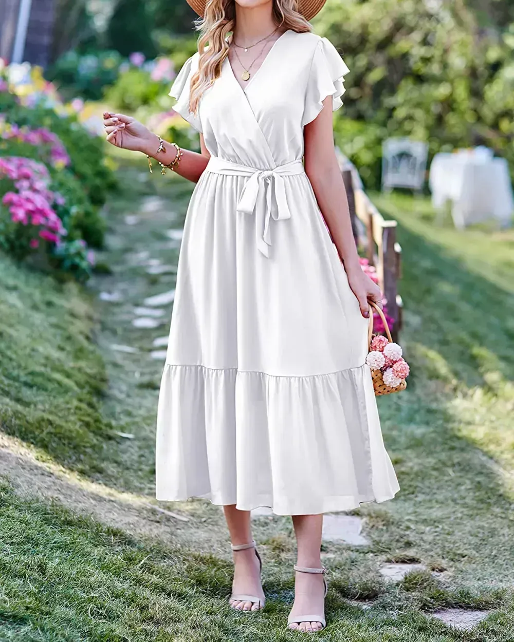 Women Summer Bohemian Floral Casual Wrap V Neck Ruffle Cap Sleeveless Belt A-Line Pleated Hem Swing Midi Sun Dress