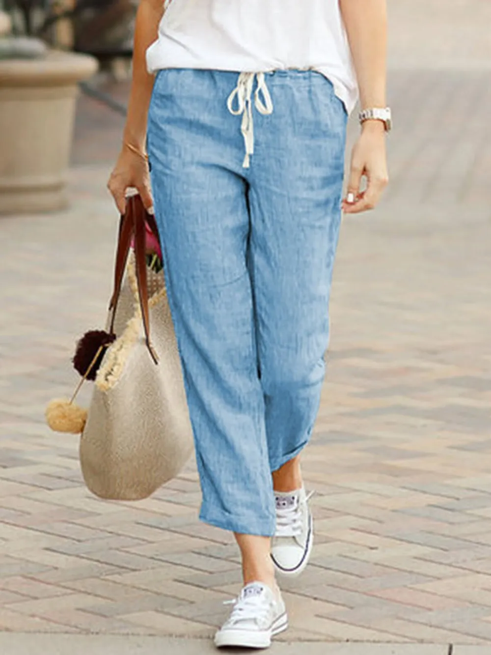 Women's Casual Elastic Waist Cropped Pants