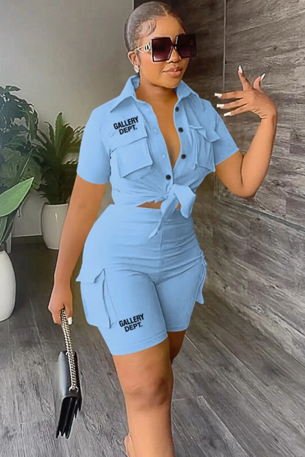 Letter Print Solid Color Blouse With Trendy Cargo Shorts Set