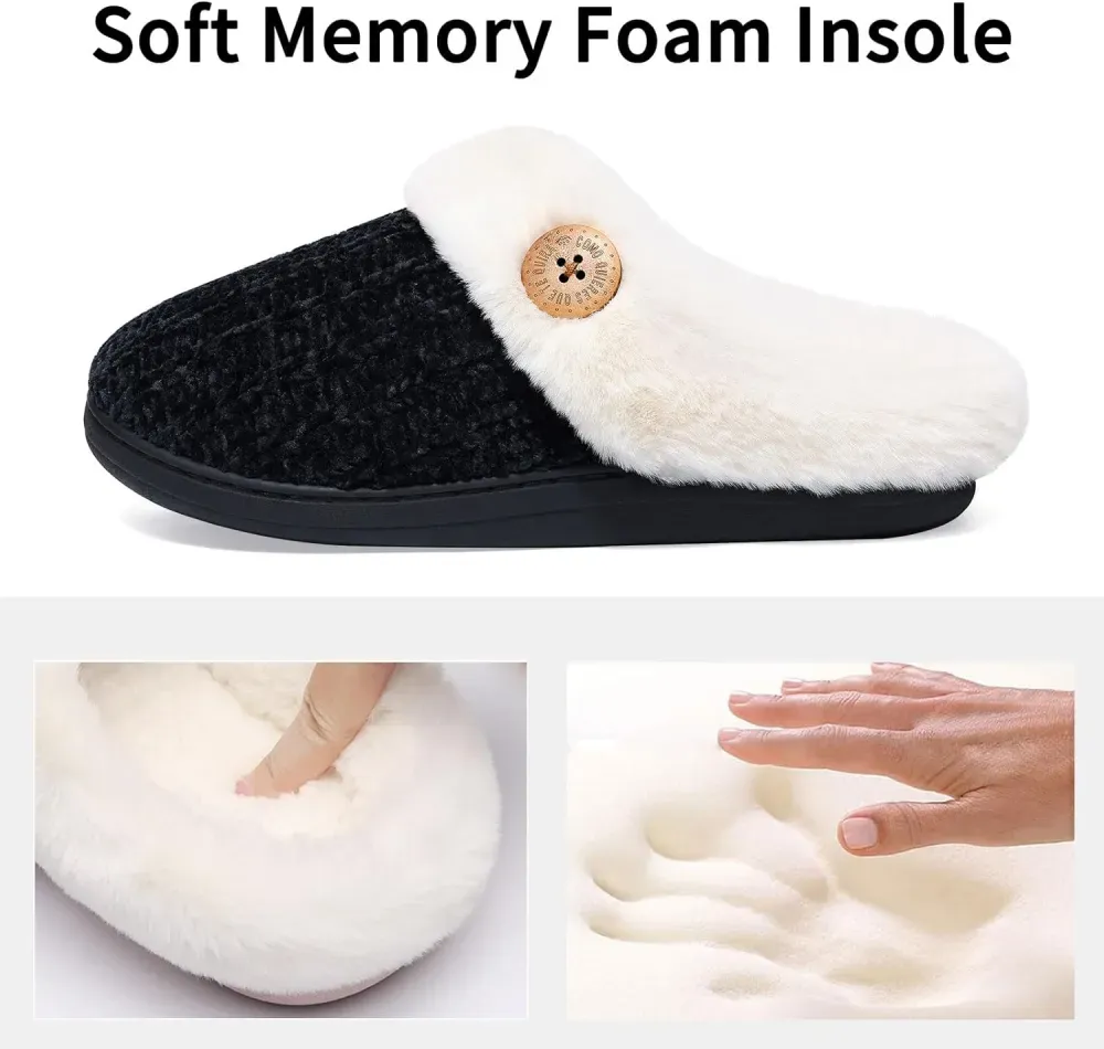 Warm Knit House Slippers for Women Comfy Wool-Like Lined Chenille Slippers with Memory Foam and Indoor Outdoor Soles