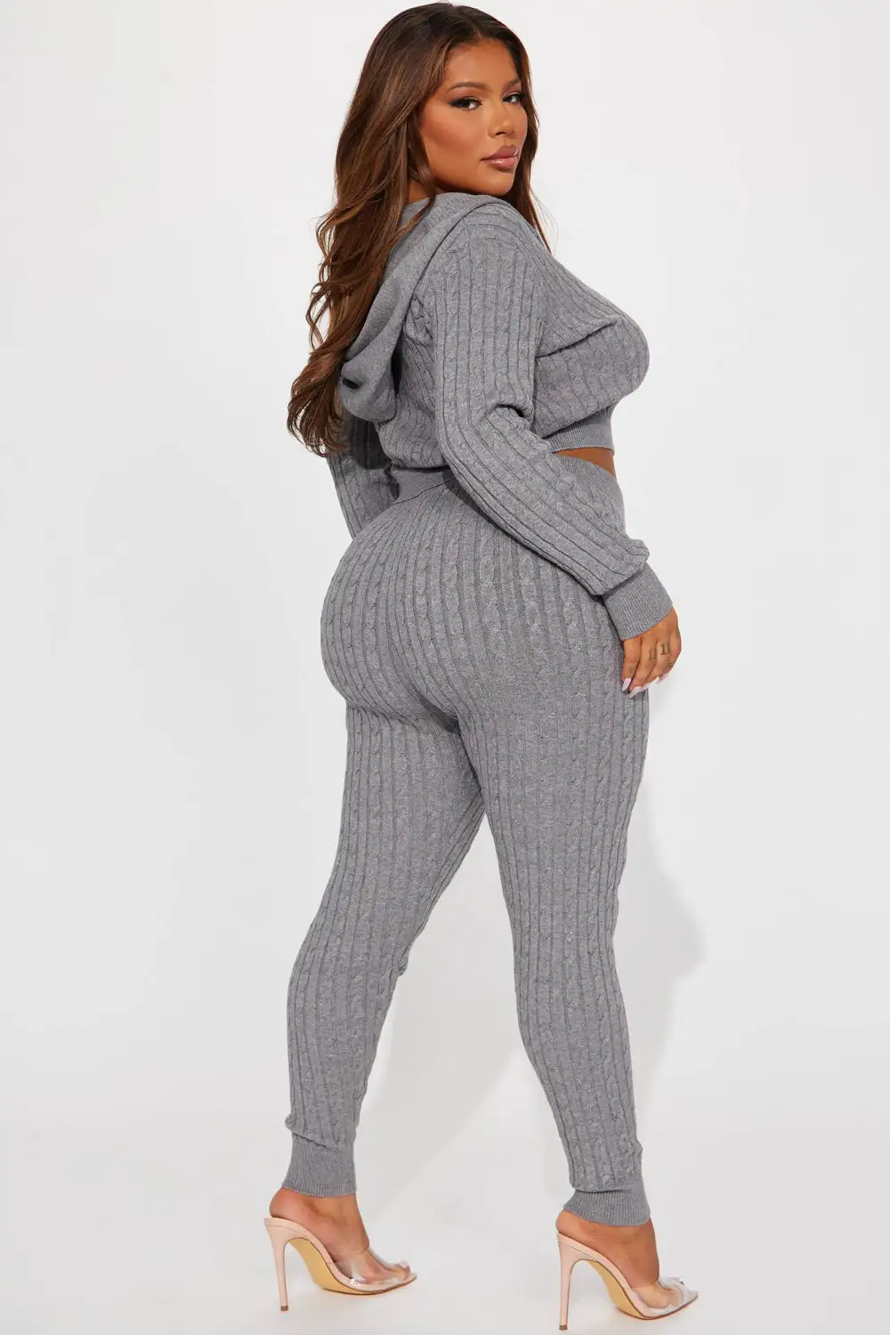Focused On Me Hooded Cable Knit Legging Set - Heather Grey