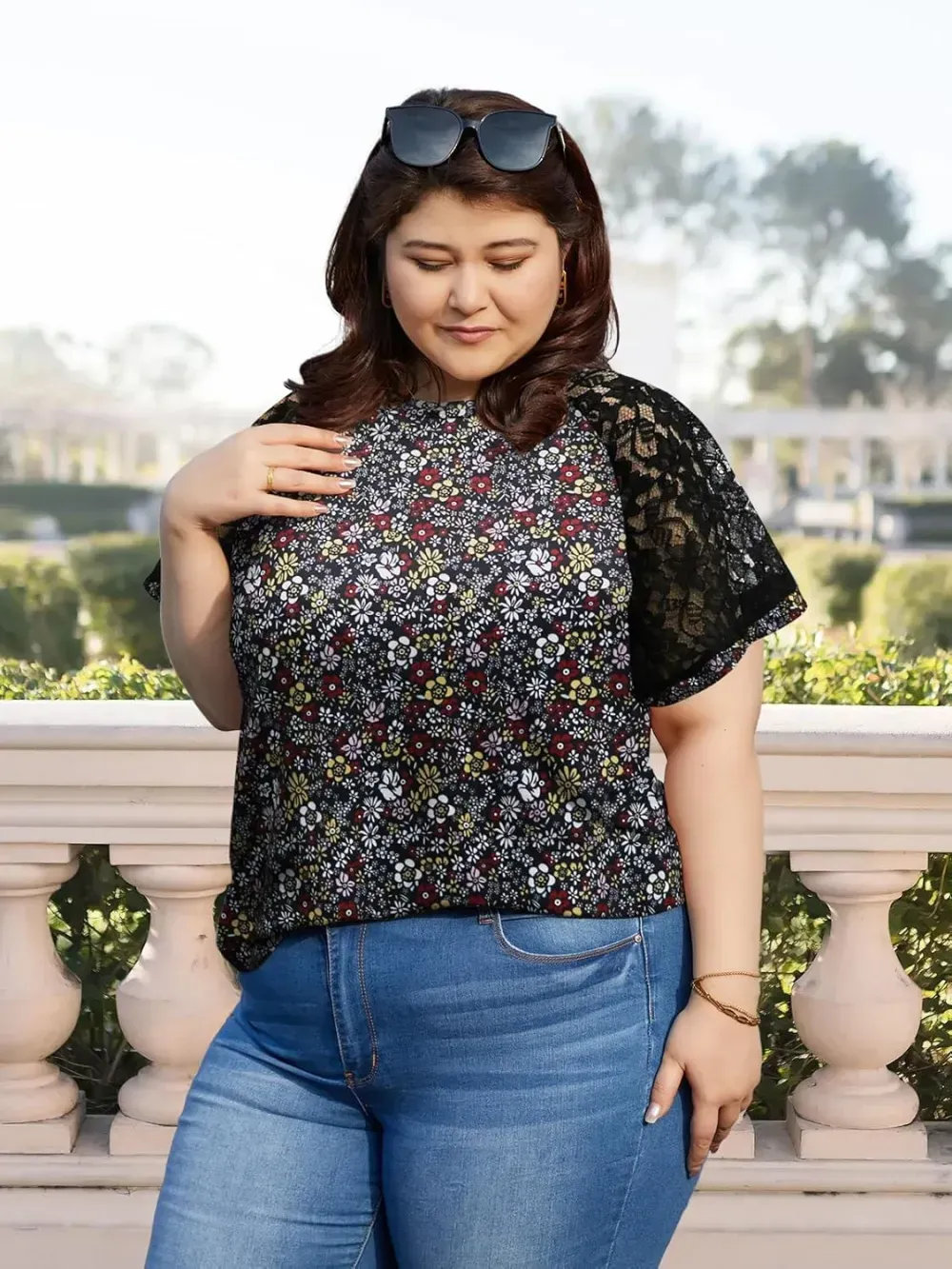 HDLTE Womens Plus Size Tops Floral Bell Sleeves Blouses Summer Crewneck Tunic Loose Casual T Shirts