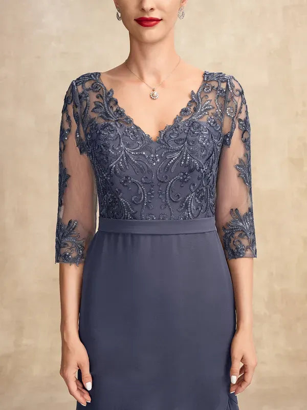 V Neck Asymmetric Chiffon Lace Maxi Dress