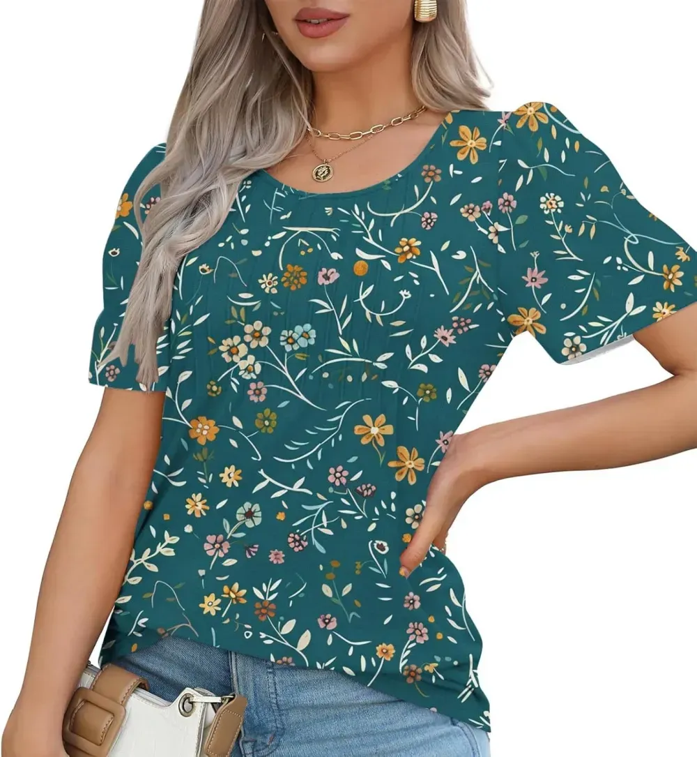 Womens Summer Pleated Front Shirts Tunics Casual Short Sleeved Loose Round Neck Boho Printed Tops Vacation Blouse