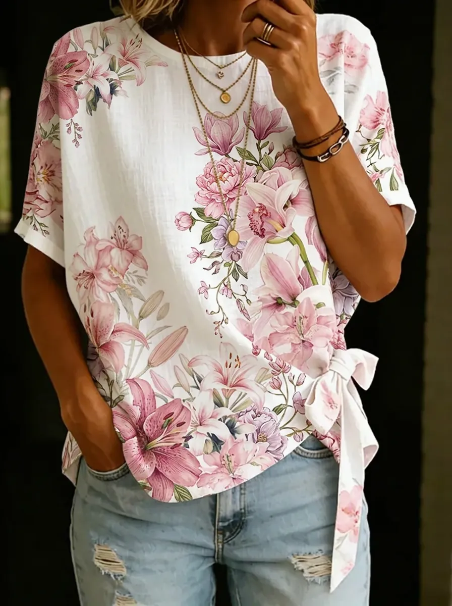 Women's Nashville Floral Lily Printed Tie-Side Top