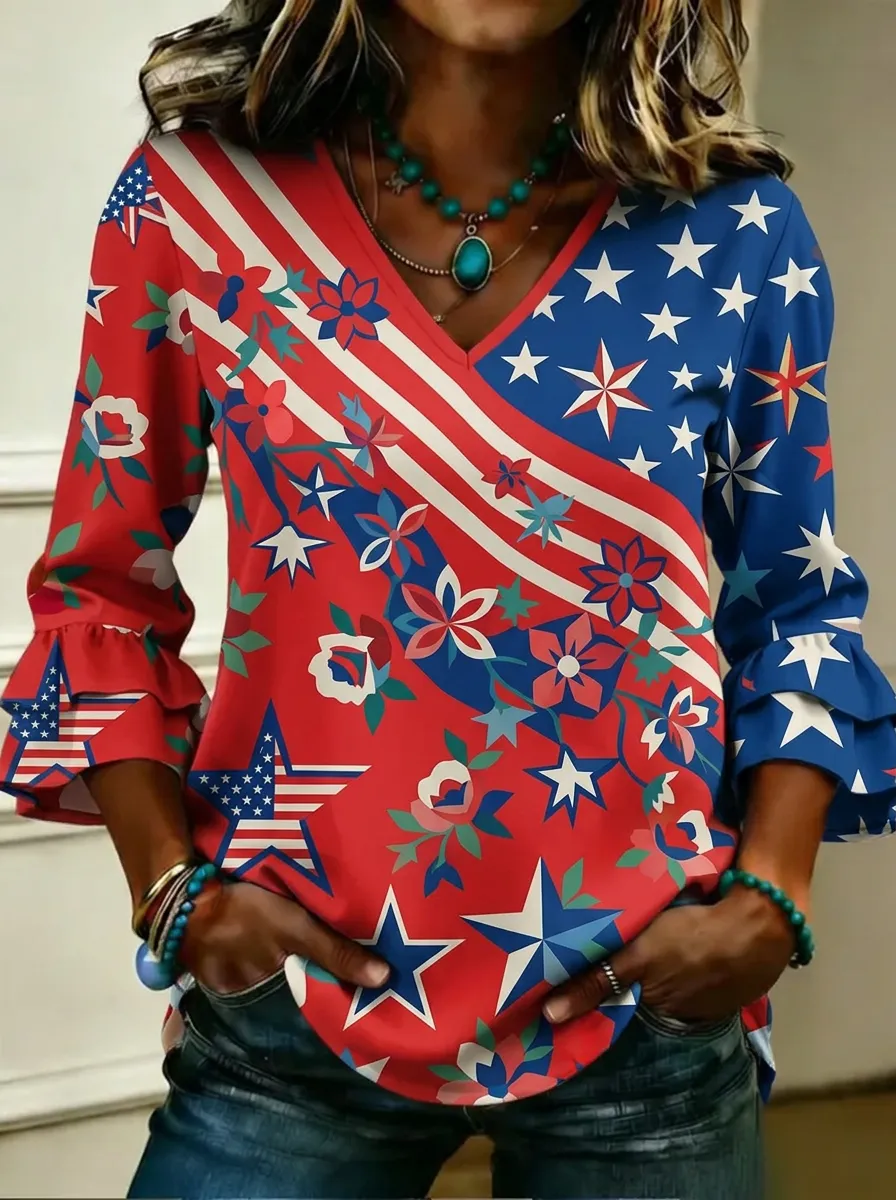 Women's Nashville Patriotic Star Floral Printed V-neck Top