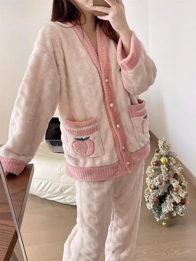 Women's Fleece Fluffy Fuzzy Warm Pajamas Sets Fruit Fashion Casual Comfort Home Daily Bed Flannel Warm V Wire Long Sleeve Cardigan Pant Button Pocket Fall Winter Pink Red