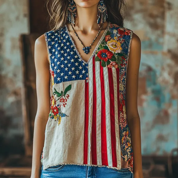 Floral American Flag Patchwork Linen Tank Top