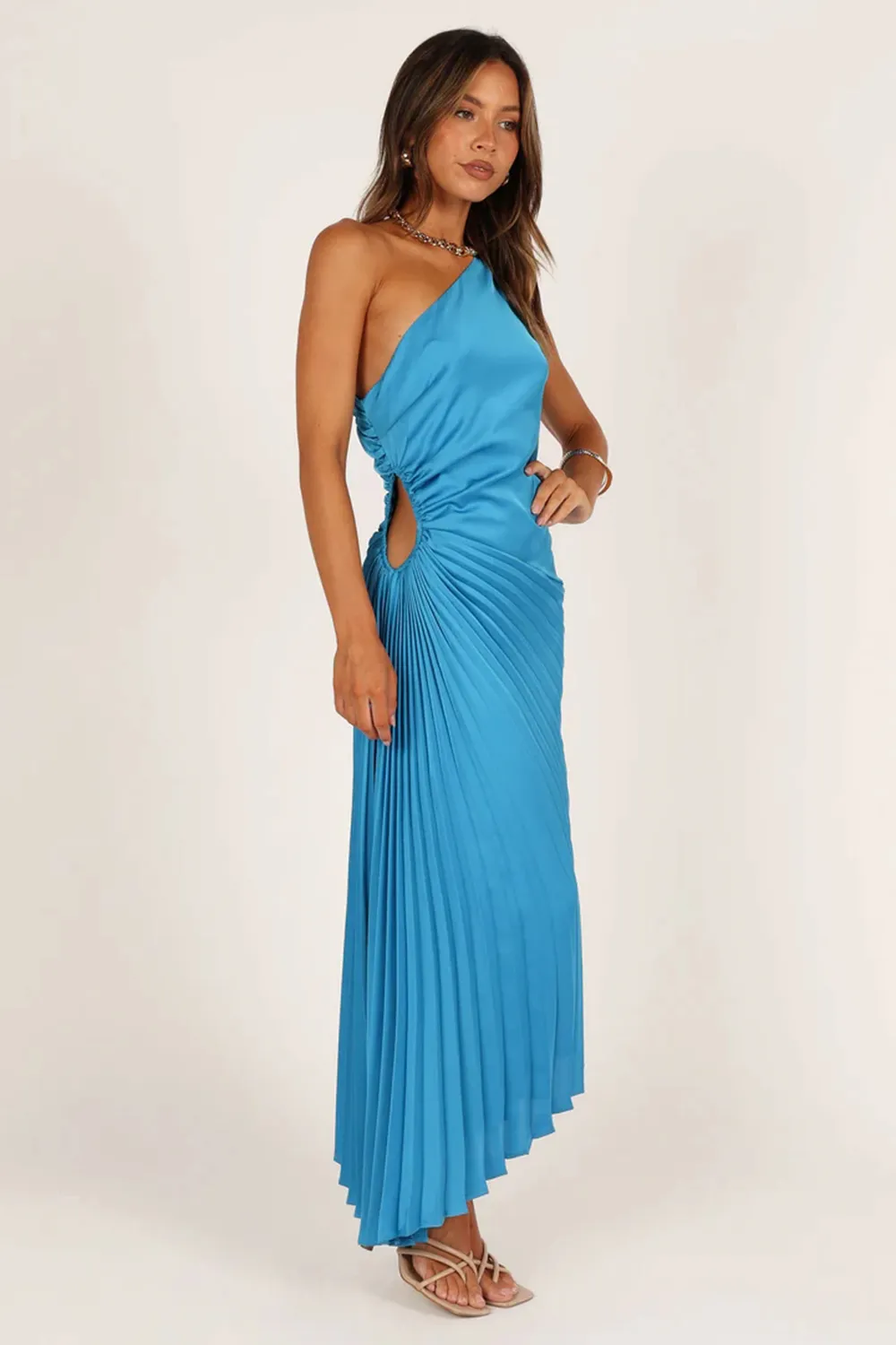 FLIN PLEATED ONE SHOULDER MIDI DRESS - BLUE