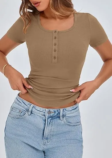 Women's 2025 Summer Short Sleeve Tops Ribbed Knit Henley Button Up Slim Fit Basic Casual T Shirts Blouse