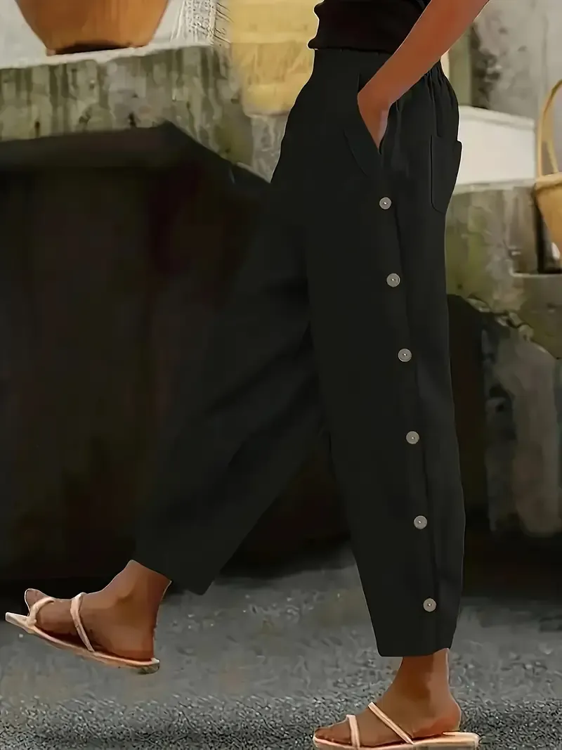 Women's Casual Button-Up Pants with Pockets - Straight Leg Polyester Blend, Brown, Elastic Waistband, All-Season Comfort, Elegant Design for Casual Attire, Cute Pants