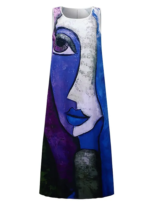 Women's Casual Dress Shift Dress Long Dress Maxi Dress Blue Purple Yellow Sleeveless Color Block Print Spring Summer Crew Neck Modern Daily Vacation Summer Dress Regular Fit 2023 S M L XL XXL 3XL