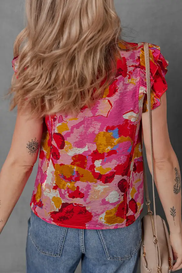 Softly Styled Abstract Print Ruffled V-Neck Blouse