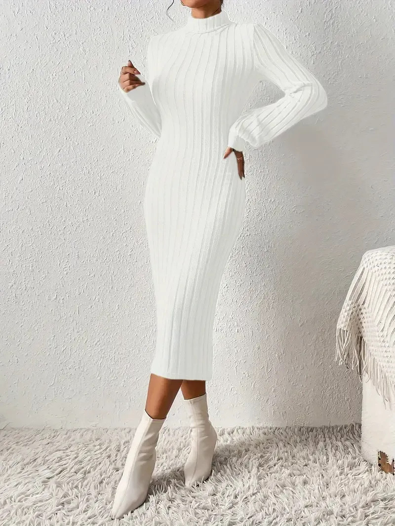 Ribbed Solid Bodycon Dress, Elegant Turtleneck Long Sleeve Dress, Women's Clothing