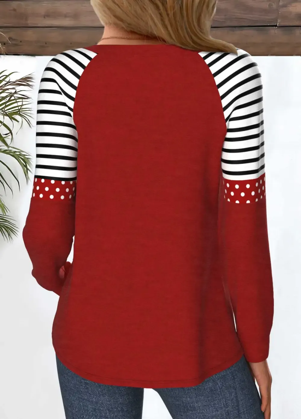 Wine Red Patchwork Heart Print Long Sleeve T Shirt