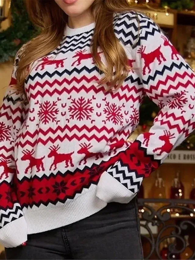 Women's Ugly Christmas Sweater Pullover Sweater Jumper Crew Neck Ribbed Knit Acrylic Tassel Fall Winter Regular Daily Going out Xmas Stylish Casual Soft Long Sleeve Elk Snowflake White Red S M L