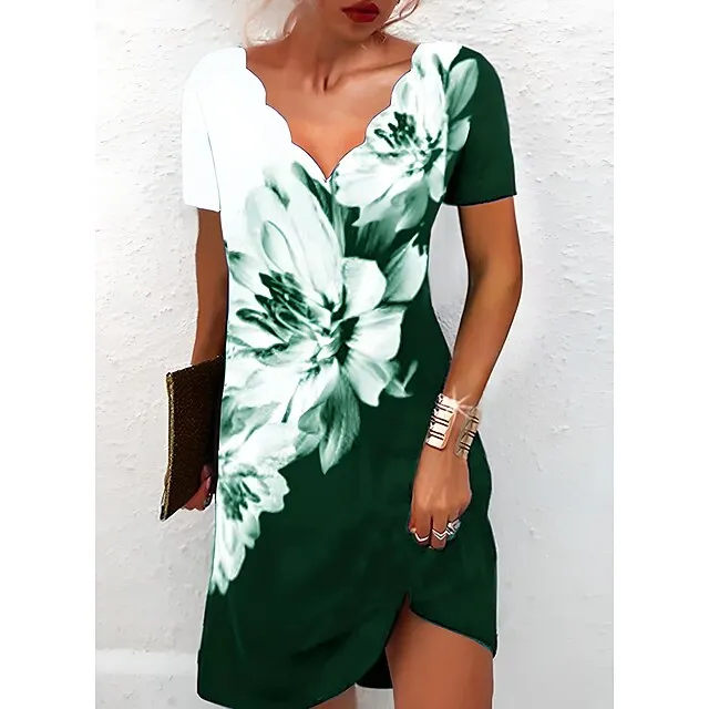 Women's Casual Dress Shift Dress Floral Dress Mini Dress Black And White Black White Short Sleeve Floral Print Summer Spring Scalloped Neck Fashion Vacation 2023 S M L XL XXL 3XL