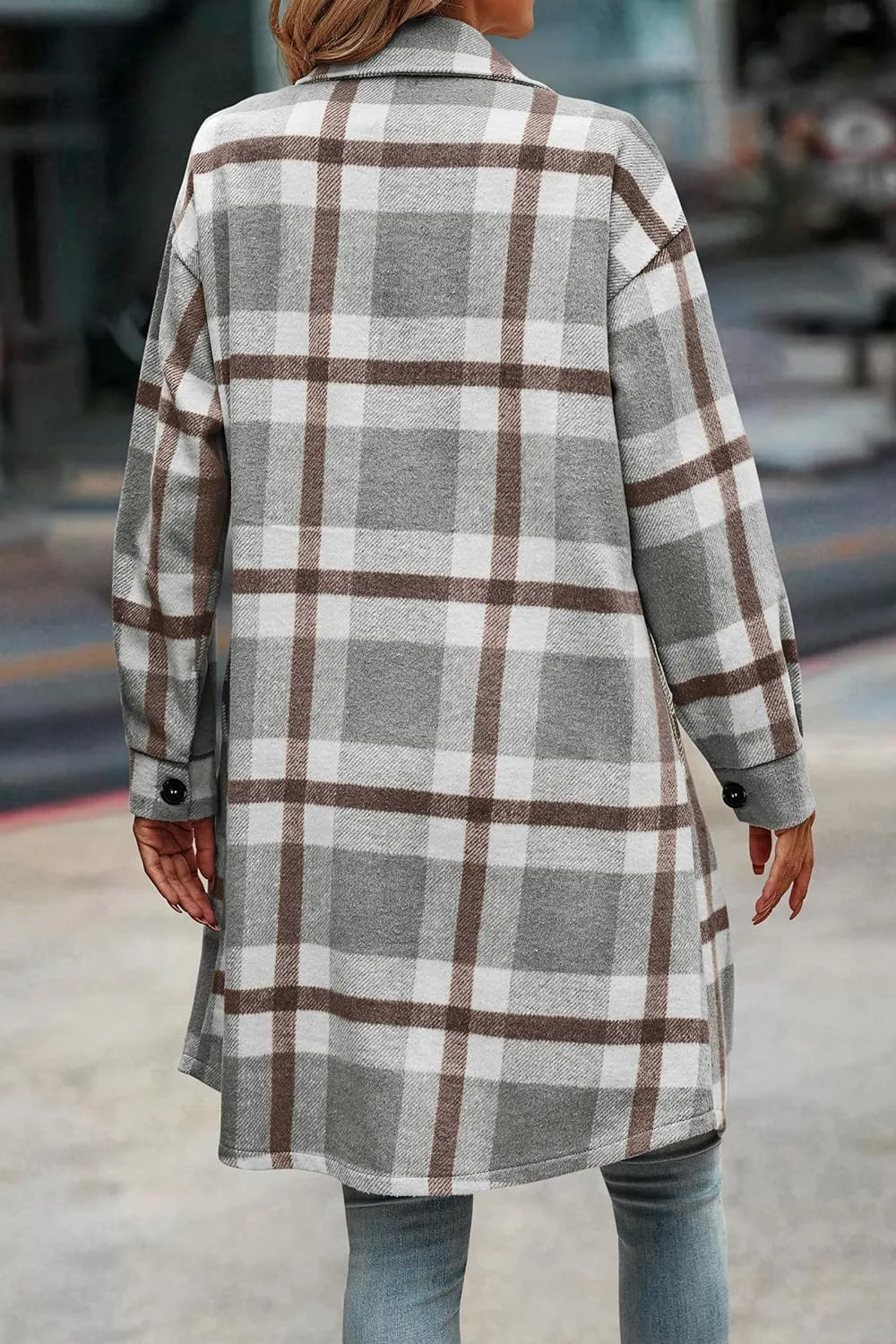 Women's Plaid Shacket 2023 Long Sleeve Button Up Flannel Shirt Winter Tartan Jacket Woolen Coats