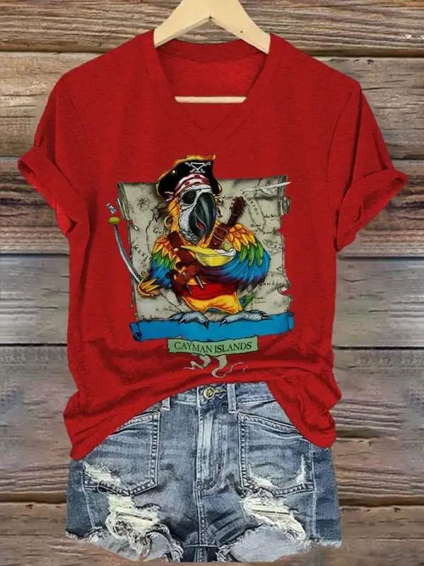 Women's V-neck short-sleeved printed T-shirt