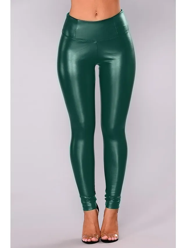 Women's Skinny Ankle-Length PU Artificial Leather Stretchy Mid Waist Streetwear Basic Party Daily Black Army Green S M Winter Spring &  Fall