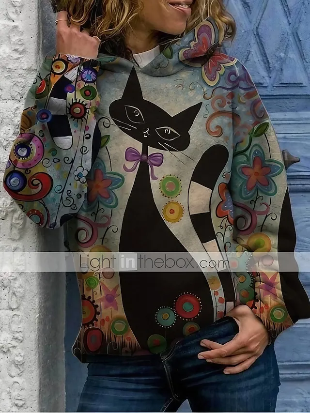 Women's Hoodie Pullover Cartoon Cat Daily Other Prints Basic Hoodies Sweatshirts  Loose Gray Purple Orange