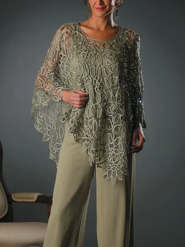 Lace crew neck top trousers set