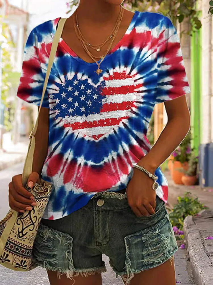 Women's Independence Day Print V Neck T-shirt