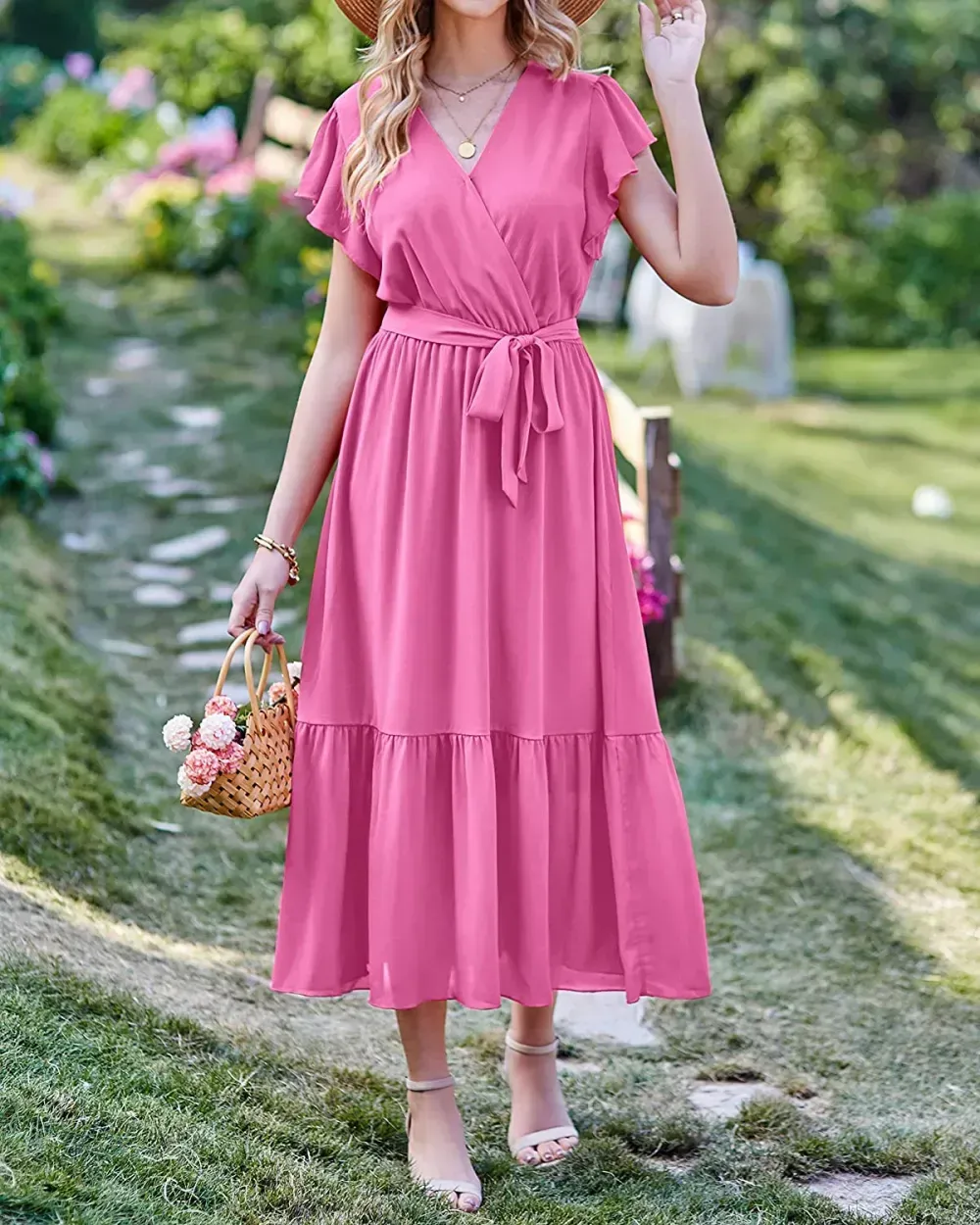 Women Summer Bohemian Floral Casual Wrap V Neck Ruffle Cap Sleeveless Belt A-Line Pleated Hem Swing Midi Sun Dress